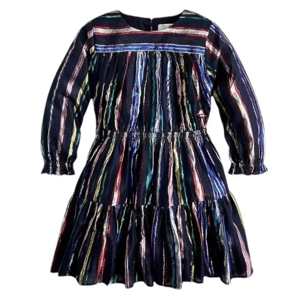 Girls' Puff-sleeve Dress In Metallic Rainbow Stripe Size 14